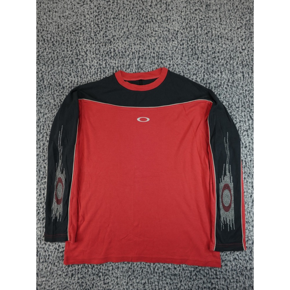 Oakley Long Sleeve Graphic T-Shirt Mens Large Red Black Y2K Ellipse Logo Tee